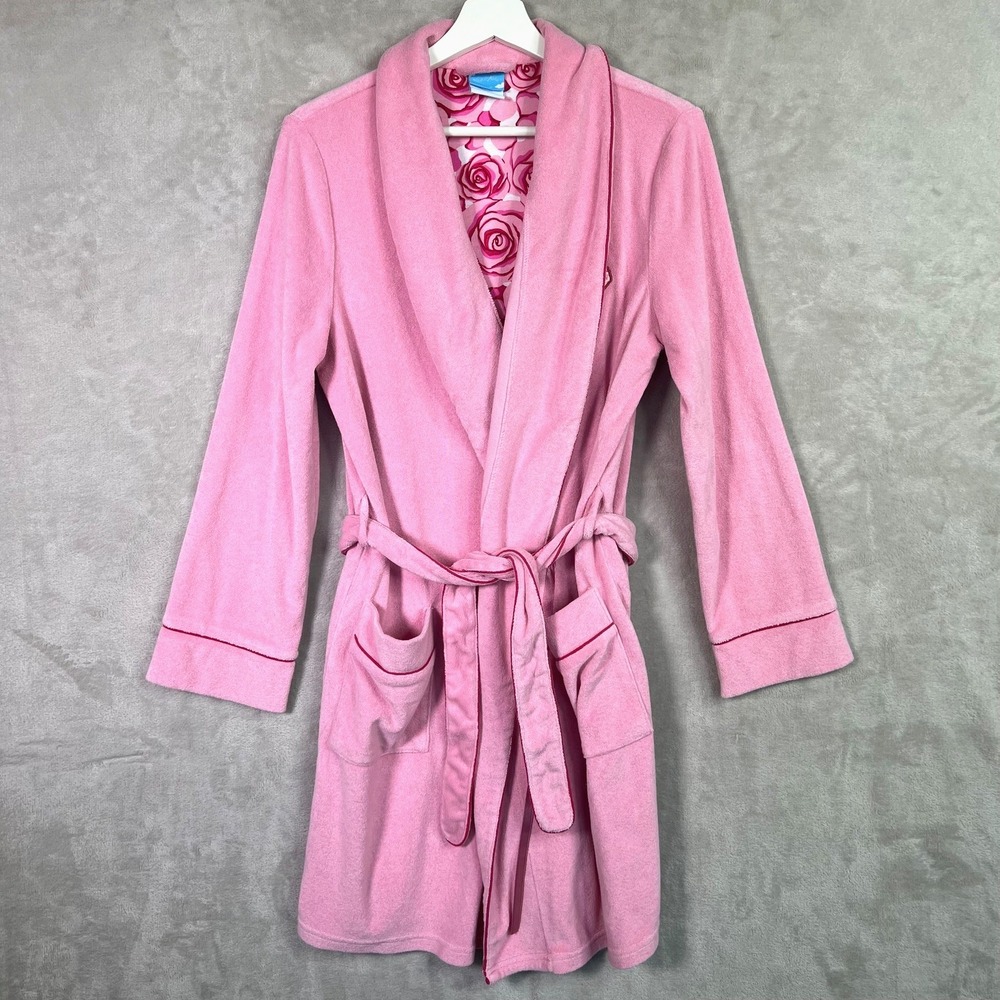 Rare Vintage Nick & Nora Pink Rose Robe Womens S/M Cotton Terry‎ Bathrobe Y2K